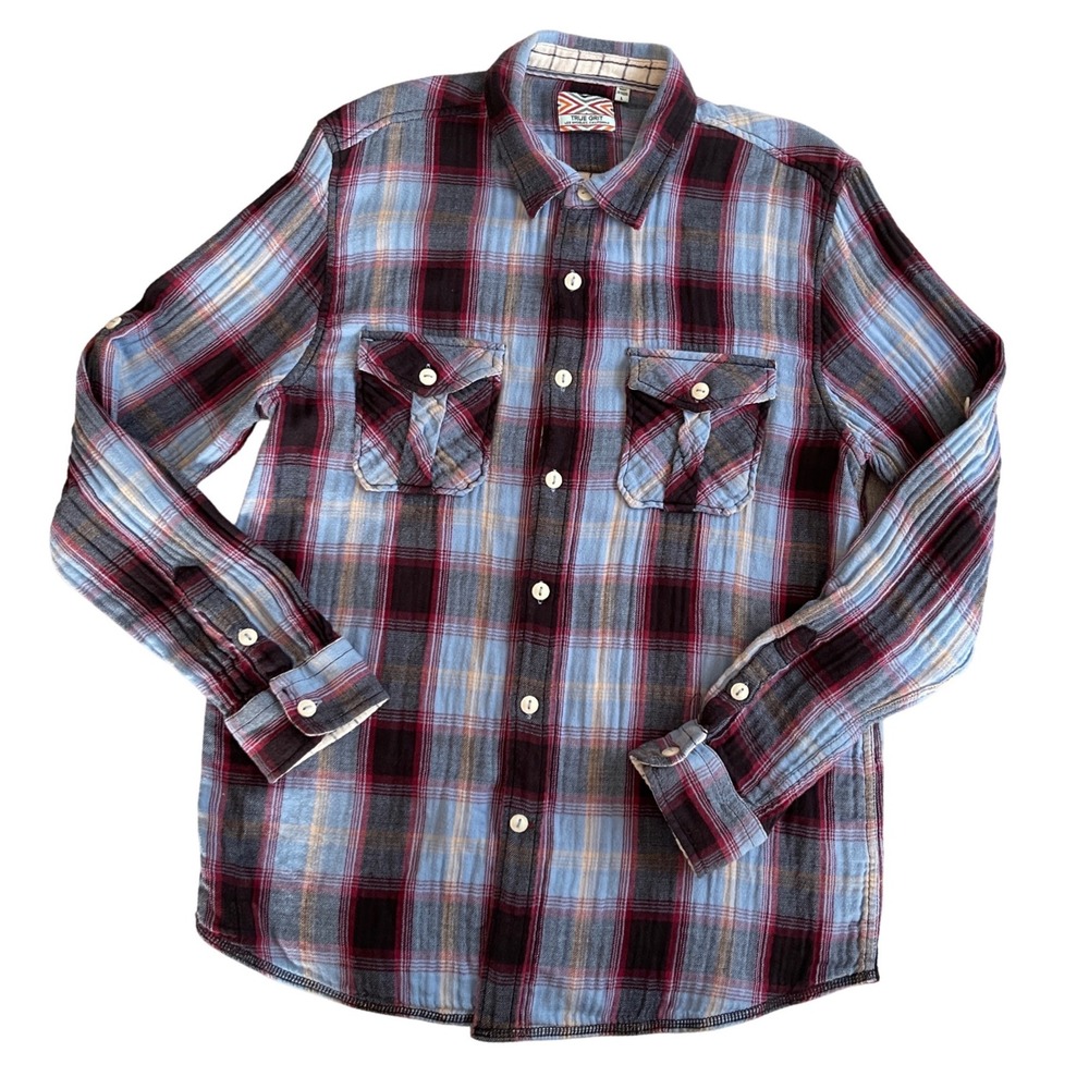 True Grit Plaid Double Face Soft Cotton Shirt Mens L Blue Red White Roll Up Cuff